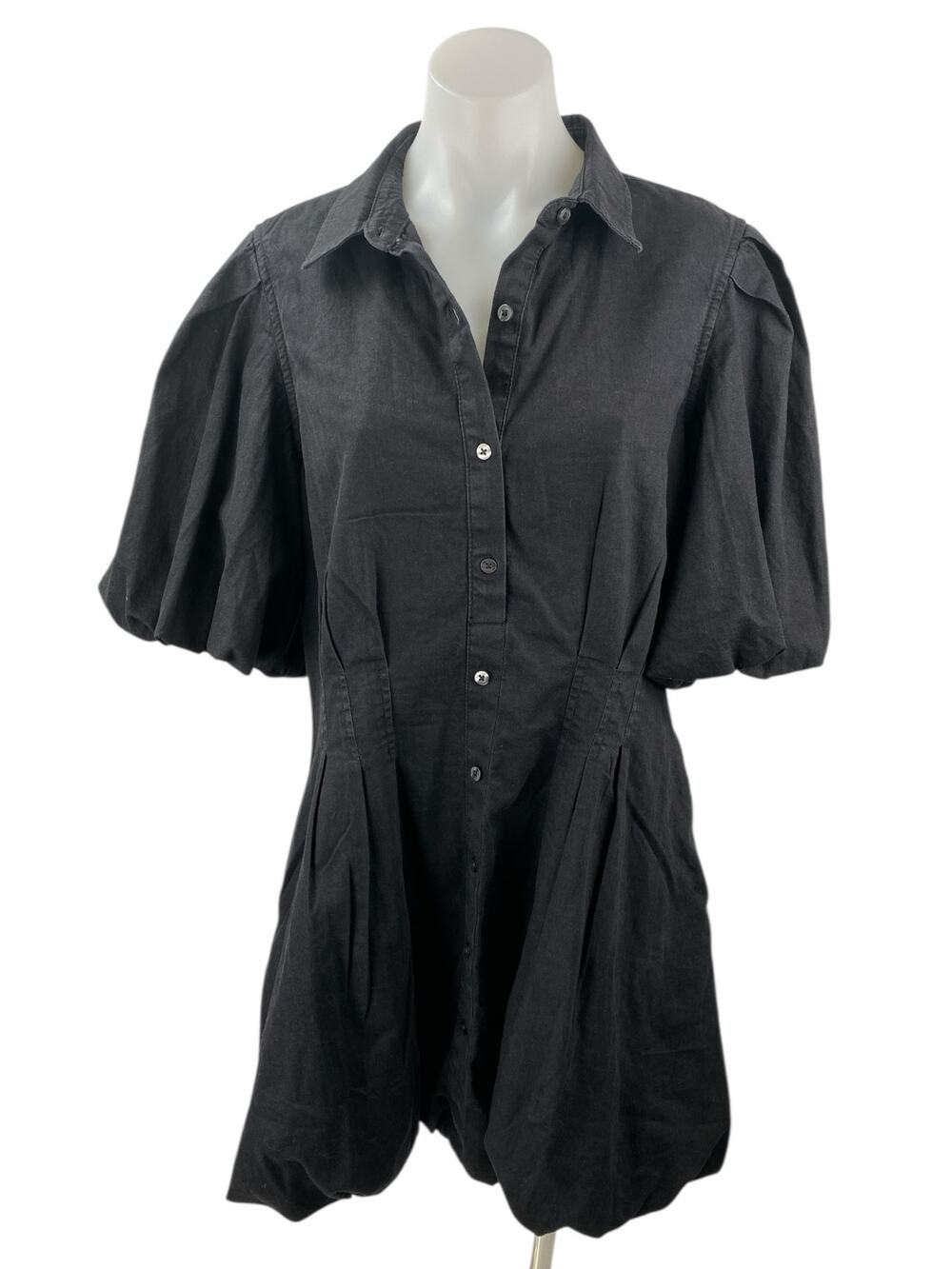 NEW Gap Womens Black Pleated Short Puff Sleeve Button Down Mini Shirt Dress Sz M
